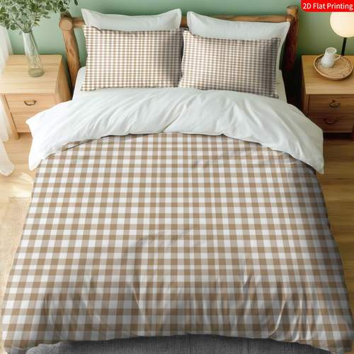 2pcs 3pcs beige white gingham bedspread suitable for occasions classic checkered quilt cover with pillowcases zipper closure bedding machine washable duvet cover for rooms cozy bedding 2d flat