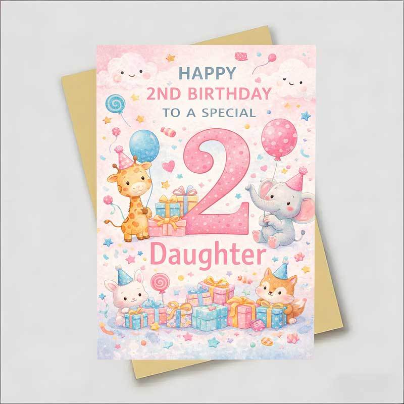 TEMU 1pc Adorable Birthday Card, Pastel Animals Balloons Gifts " To Daughter", Perfect For Daughter, Birthday Celebration, Cute Watercolor, Whimsical