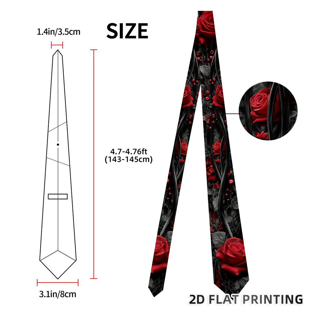 TEMU 1pc Gothic Red Roses Necktie - Soft Suitable For /christmas/graduation, Machine Washable Suitable For Back-to, Durable Gothic Tie For Daily Wear