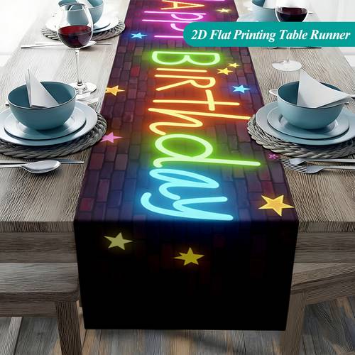 tischläufer mit 2d-flachdruck, ., beleuchtete neon-geburtstagsbuchstaben, rechteckiger tischläufer aus polyester, für esstische, küchen, partys im freien, geschenk, feiertagsdekoration, raumdekor, szenendekor, 2d flach