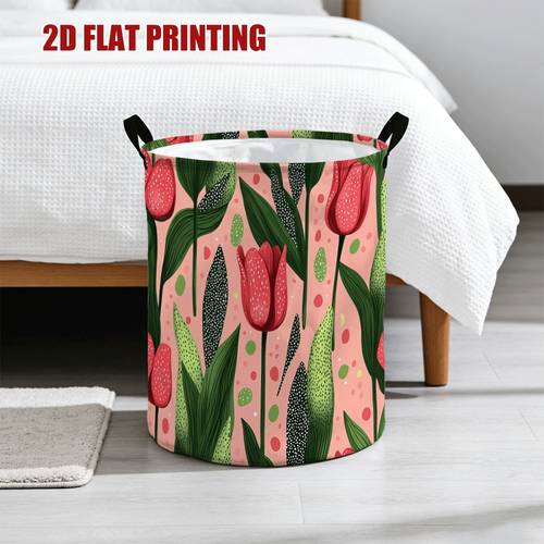 item picture 1pc red and pink tulip flowers large capacity open laundry basket and storage box stable handles round design for bedroom living room bathroom laundry area countertop and corner storage decorative multi purpose home organizer shelf baskets