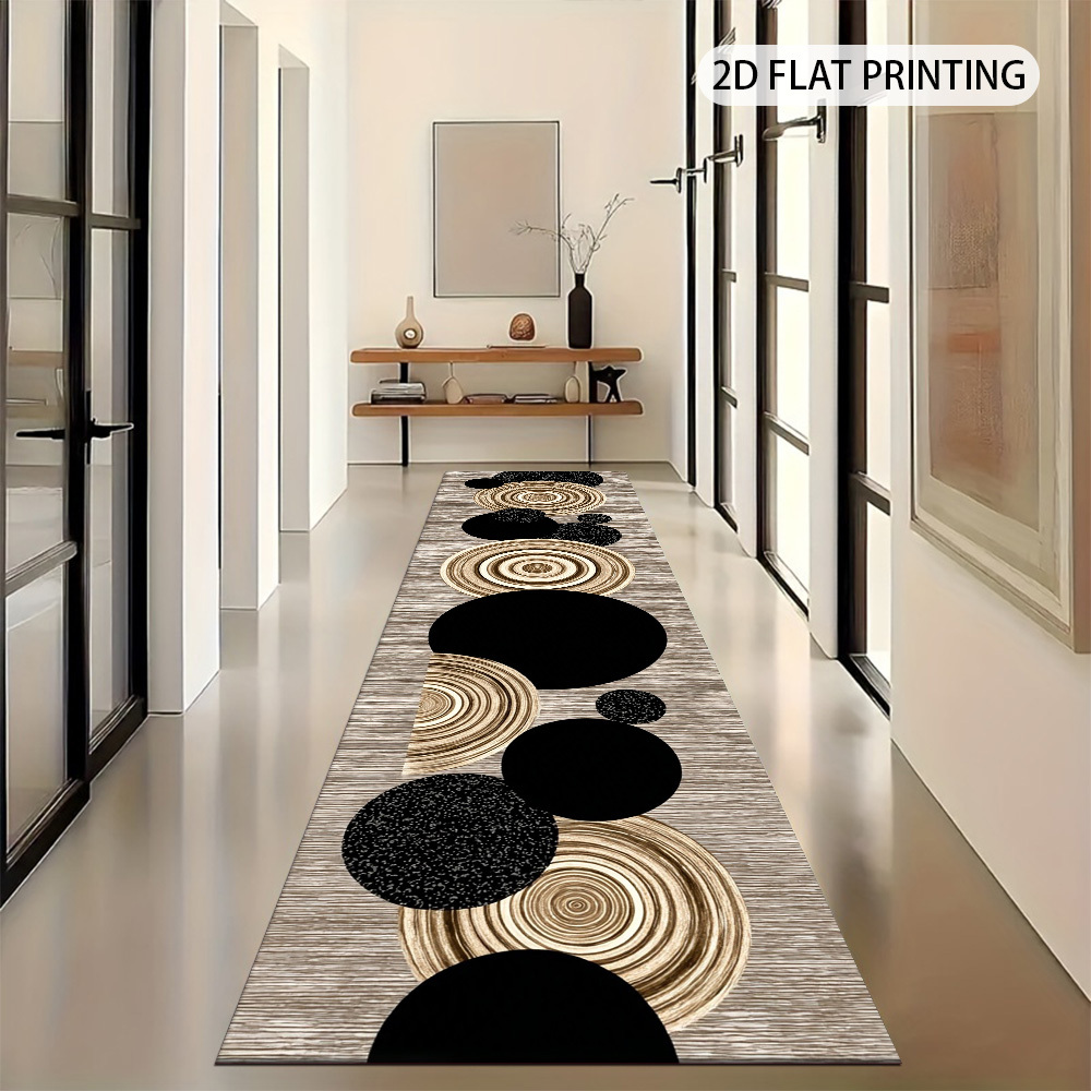 TEMU Tapis de couloir 1 pièce, motif rond moderne et noir, blanc et doré | Imprimé 2D avec antidérapant, , lavable en machine et facile d'entretien,