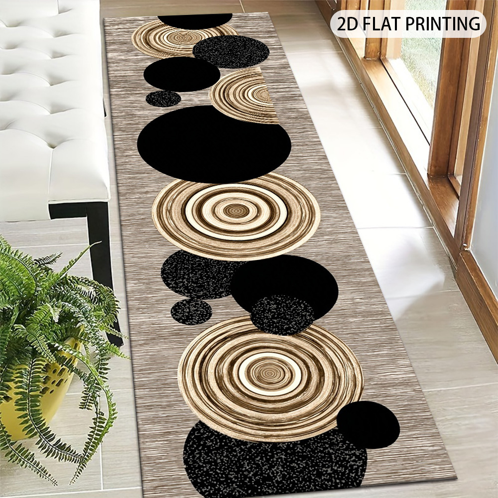 TEMU 1pc Modern Minimalist Black, White, And Golden Round Pattern Runner Rug | 2d Printed With Non-slip Backing, , Machine Washable And Easy To Care