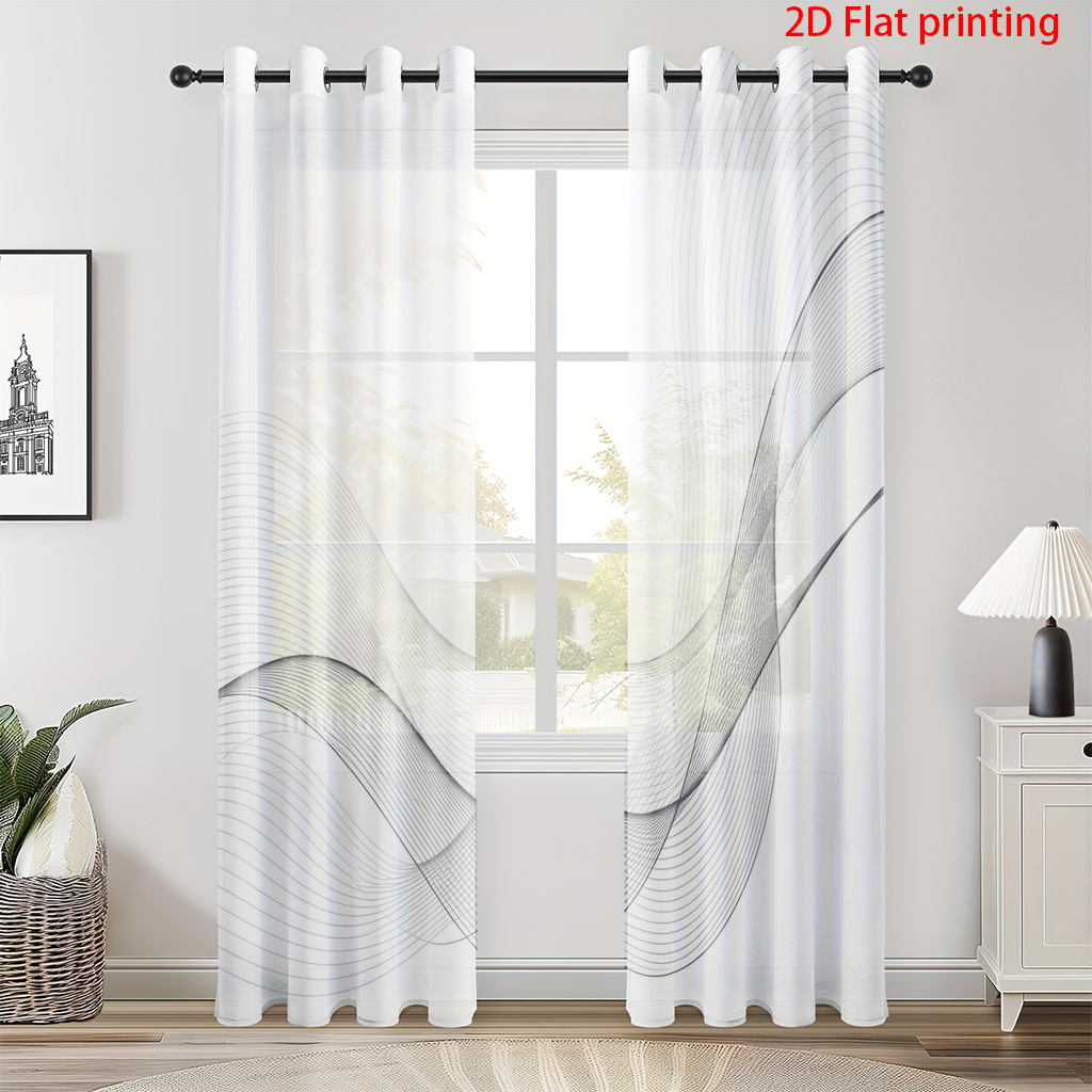 TEMU 2d Flat - 2d Flat - 2d Flat Printing, 2pcs Sheer Curtains Minimalist Light Luxury Gray White Pattern Perforated Window Scarf Nordic Style