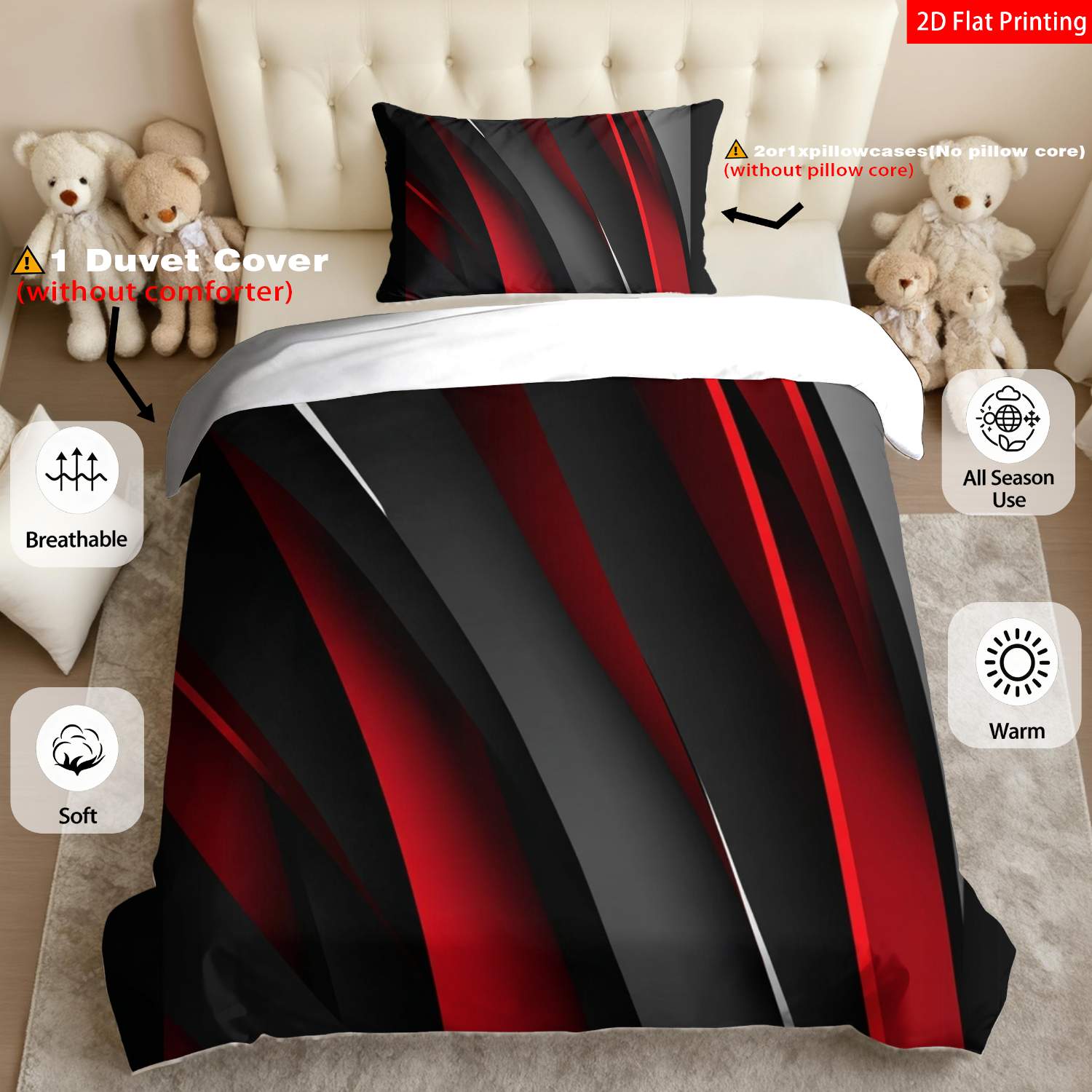 TEMU 2/3pcs 2d Flat Printing Modern Abstract Art Quilt Cover Bedding Black Red Geometric Stripes Print Pattern Suitable For Occasions(1 Duvet 1/2