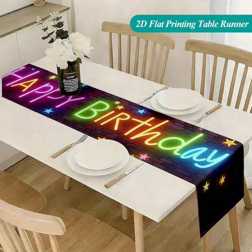 Artikelbild tischläufer mit 2d-flachdruck, ., beleuchtete neon-geburtstagsbuchstaben, rechteckiger tischläufer aus polyester, für esstische, küchen, partys im freien, geschenk, feiertagsdekoration, raumdekor, szenendekor, 2d flach
