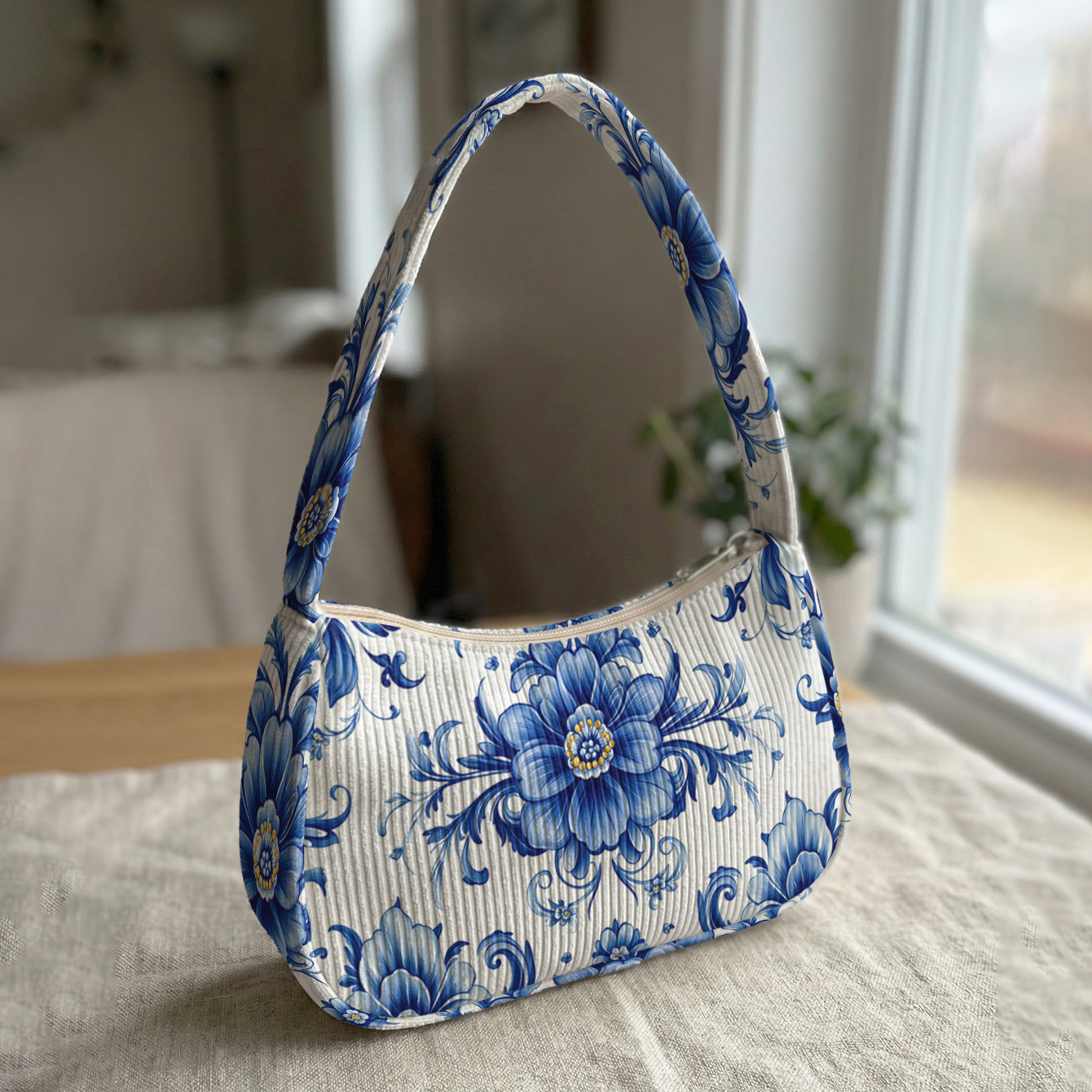 TEMU Blue And White Floral Pattern 2d Print Non-collision Shoulder Bag, Soft Corduroy And Portable Size | Single Shoulder/underarm Dual Use | Music