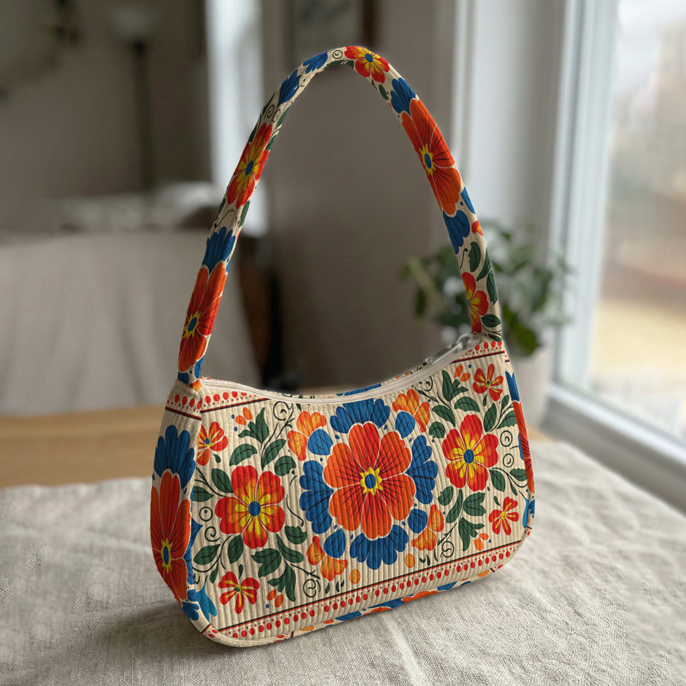TEMU Ethnic Floral Pattern 2d Print Unique Shoulder Bag, Soft Corduroy + Portable Size | Shoulder/underarm Dual-use | Music Festival/travel/daily