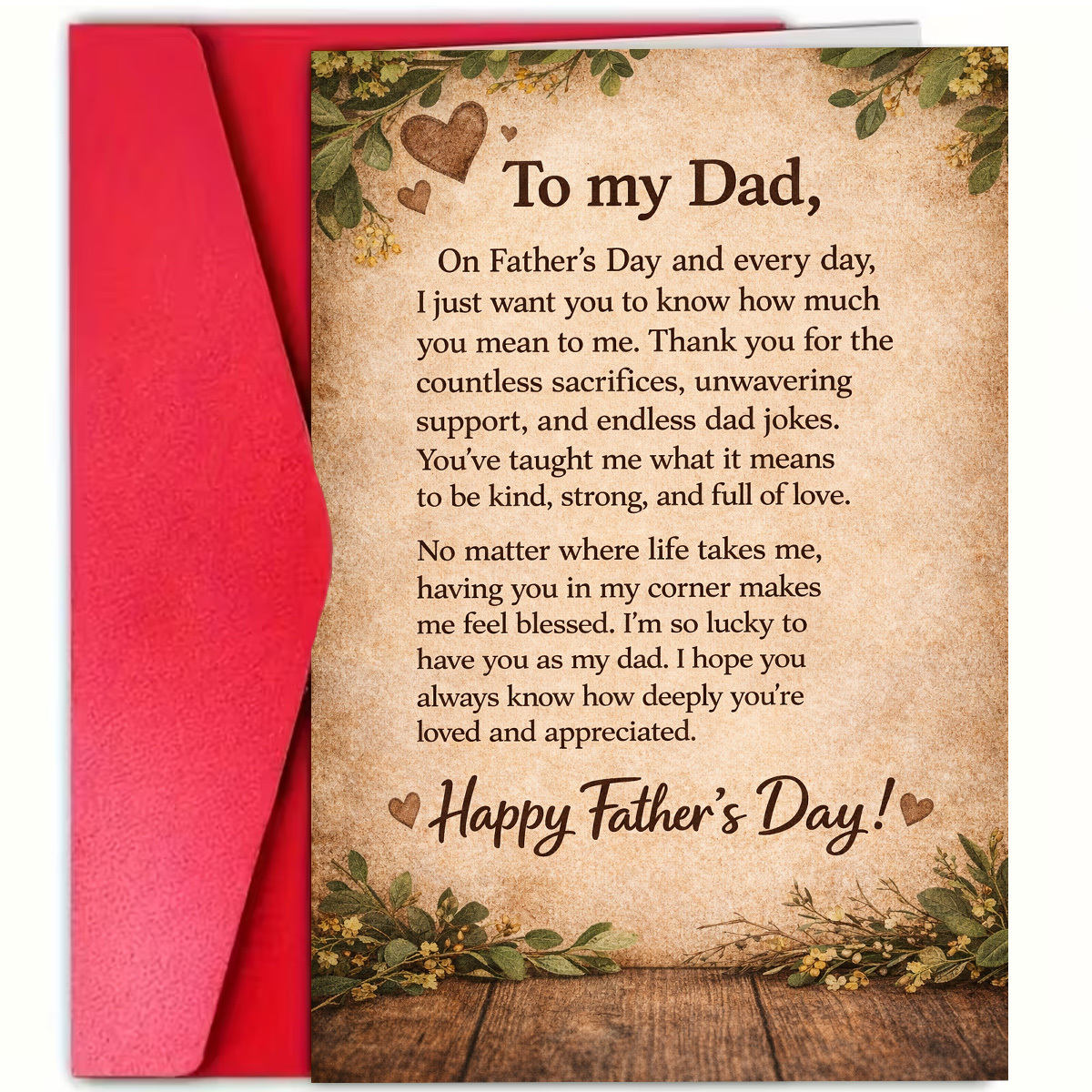TEMU 1pc Father's Day Greeting Card, Rustic Parchment With Green Leaves And Hearts "to And Happy Father's Day, " Suitable For To Dad Or Father,
