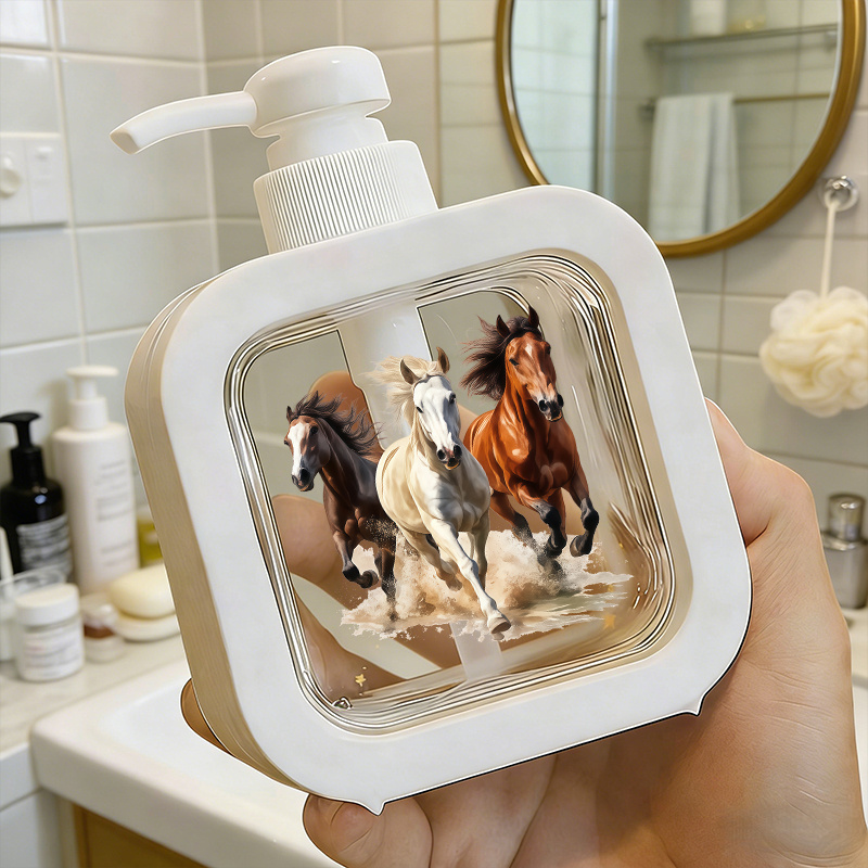 TEMU 1pc Manual Pump Dispenser Bottle With Running Horses - Refillable Suitable For Soap, Lotion, Hand Sanitizer, Shower Gel, Sturdy Plastic Reusable