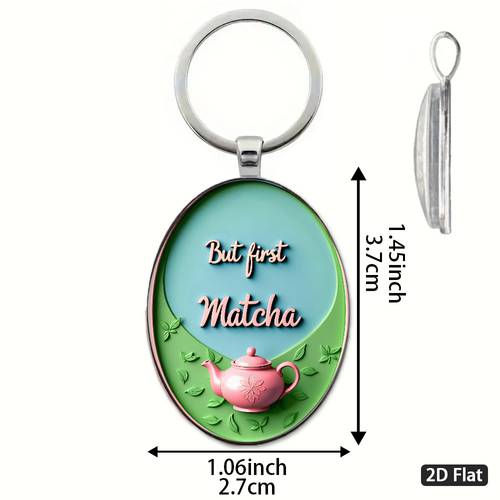 2d-flach, . 2d-flacher schlüsselanhänger im minimalistischen stil mit matcha-thema, rosa mit grünem blattmuster, frisches natürliches hängeornament, als geschenk für , nachmittagstee-partys öko-thematische veranstaltungen, ovaler schlüsselanhänger, 2d