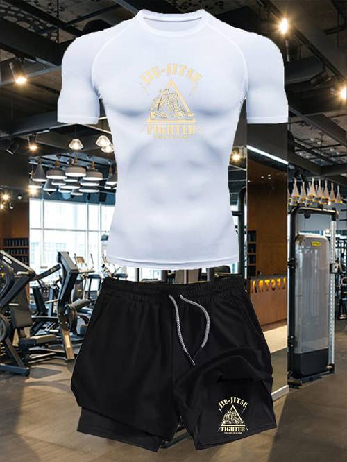 brazilian jiu su rash guard shorts set bjj fighter printed compression shirt high elastic breathable bjj training suit for men
