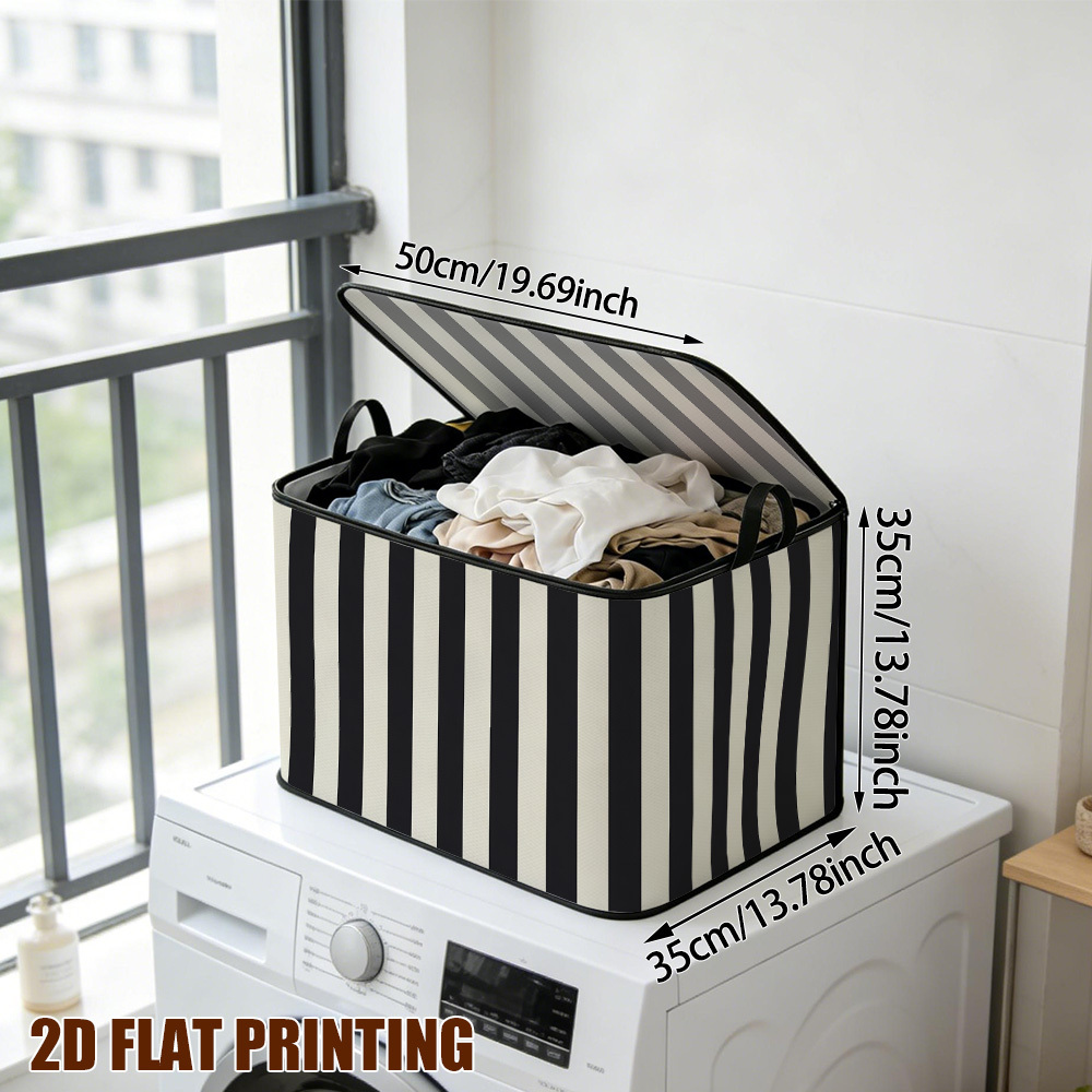 TEMU 2d Flat Printing 1pc Black And White Vertical Stripes Lidded Storage Bins, Soft Fabric, Large Capacity Foldable Storage Bag