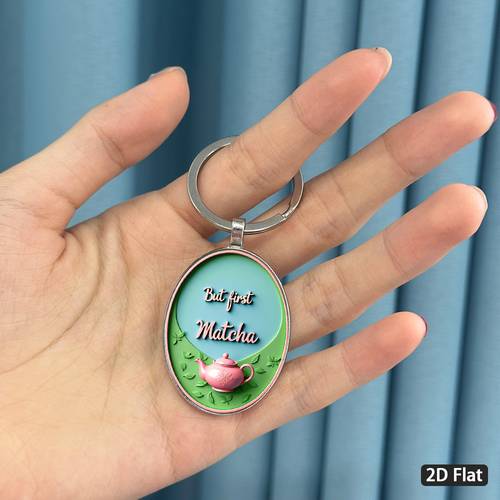 Artikelbild 2d-flach, . 2d-flacher schlüsselanhänger im minimalistischen stil mit matcha-thema, rosa mit grünem blattmuster, frisches natürliches hängeornament, als geschenk für , nachmittagstee-partys öko-thematische veranstaltungen, ovaler schlüsselanhänger, 2d
