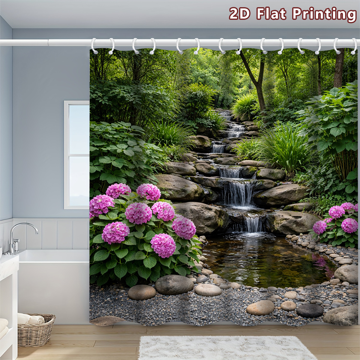 TEMU 2d Flat, 1pc 2d Flat Hydrangea And Waterfall Garden Shower Curtain, Bathroom Decor, Options (80x180cm, 120x180cm, 150x180cm, 180x180cm,