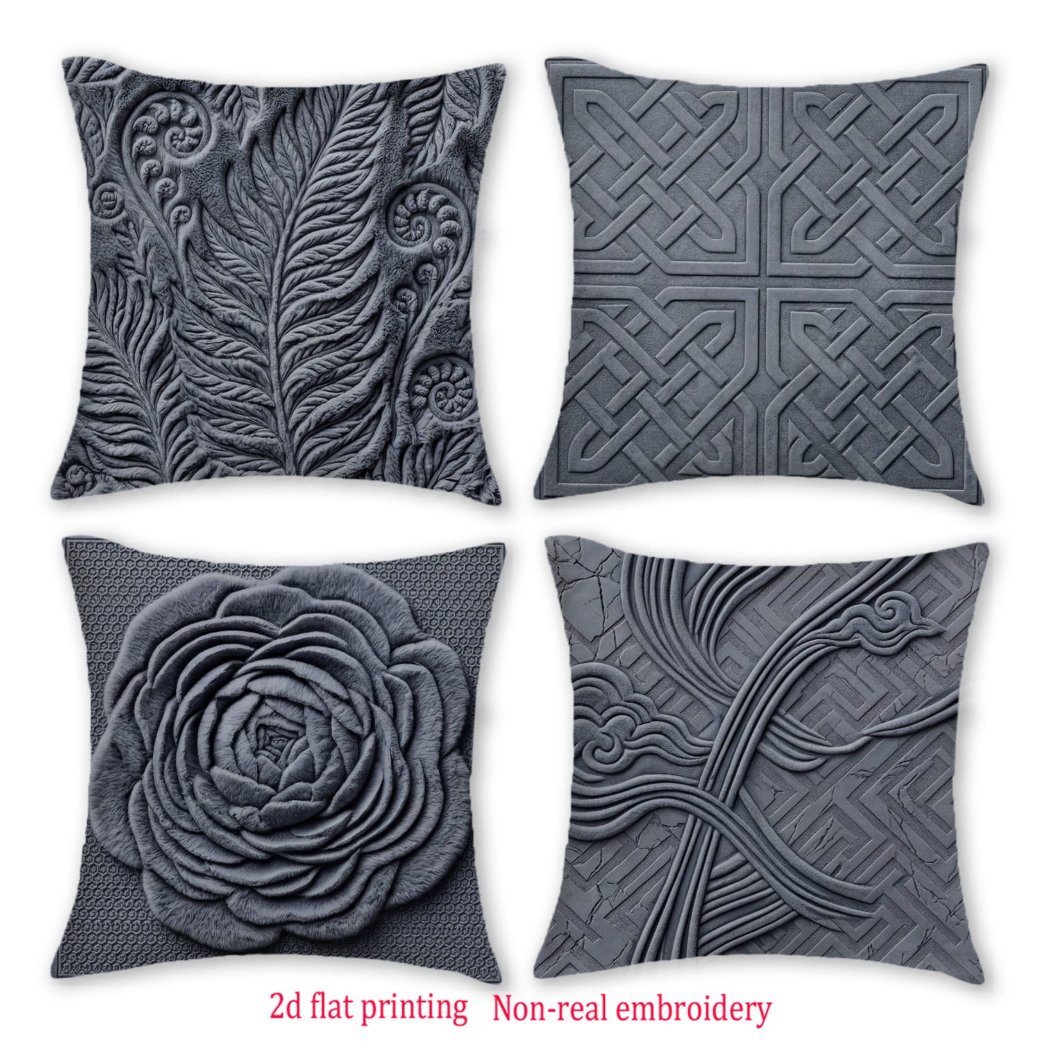 TEMU Ensemble de 4 housses de coussin décoratives avec imprimés 2D plats et broderies non réalistes à floraux et géométriques, mesurant 18X18 pouces.