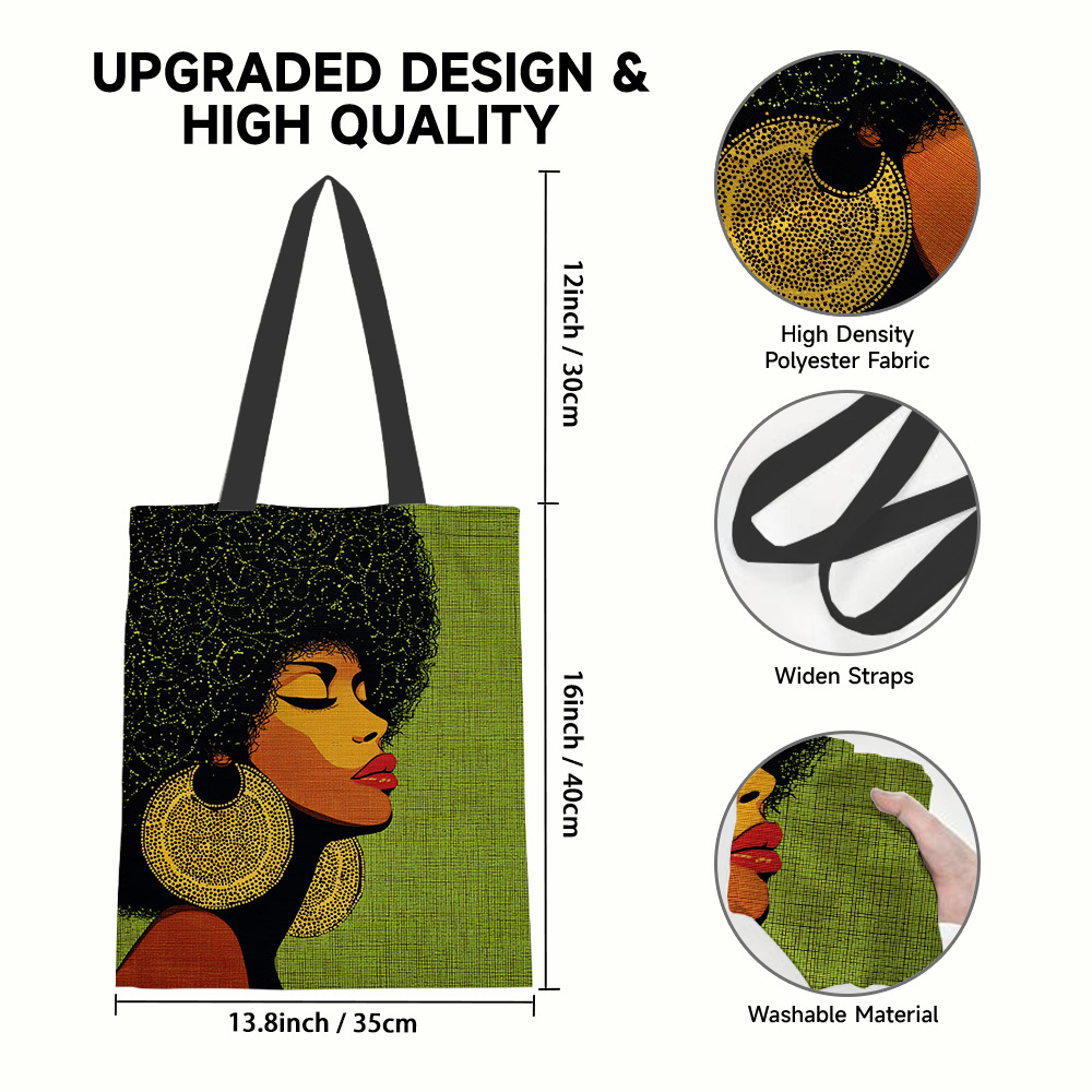 TEMU Lightweight Reusable Grocery Bag Featuring A 2d Flat Portrait Of An Afro Woman, Ideal For Shopping And Everyday Use, Making It A Great Gift For