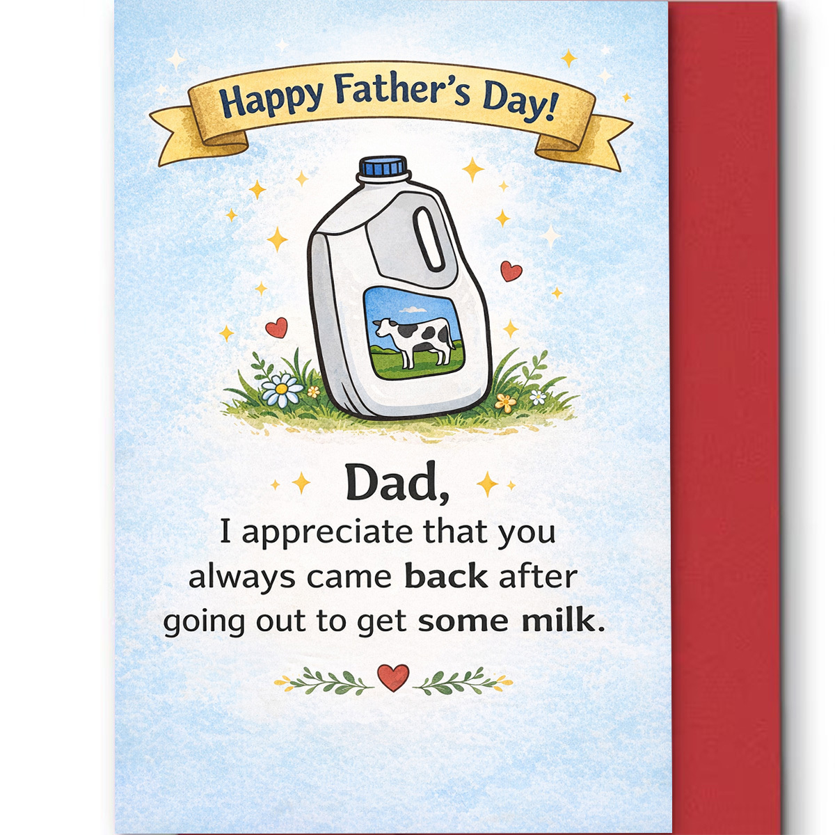 TEMU 1pc Funny Fathers Day Card Dad I That Back After Going Out To Milk Cartoon Milk Jug With Hearts And Sparkles Suitable For Dad Text And Graphics