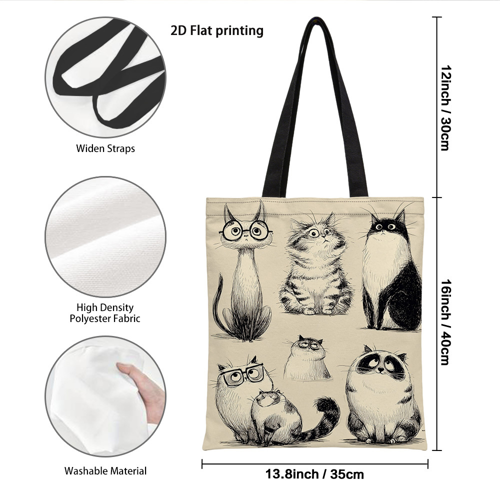 TEMU 1pc, 2d Flat Reusable Grocery Bags With Double-sided Cartoon Cats Design. Trendy And Oversized, Made From Lightweight And Durable Polyester.