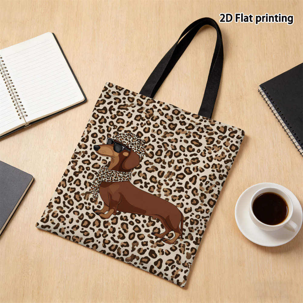 TEMU 1pc, 2d Flat Leopard Print Dachshund Design Tote Bag - Colorful Print, Reusable Grocery Bags, Spacious Grocery Shopping Bag With Sturdy Handles,