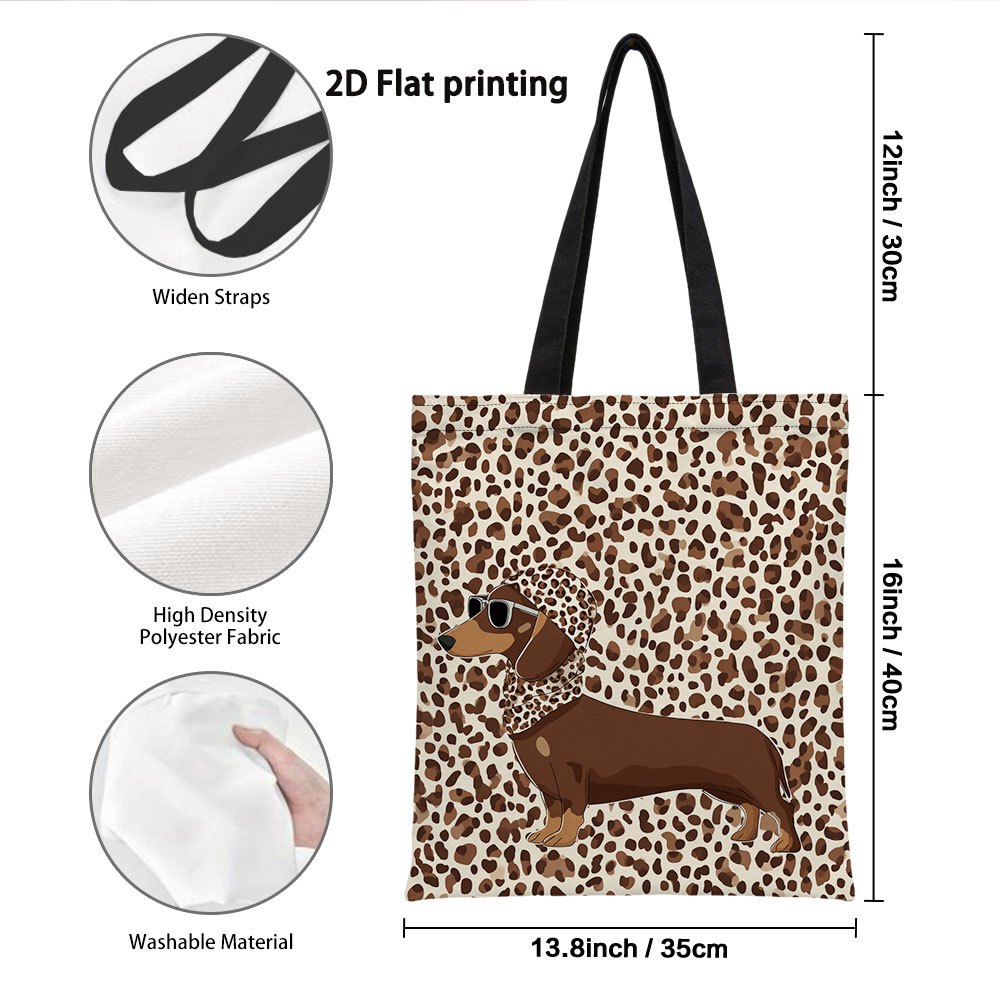 TEMU 1pc 2d Flat Reusable Leopard Print Dachshund Grocery Bags, Printed With Sided Design. Very Suitable For Daily Commuting, Shopping, Travel,