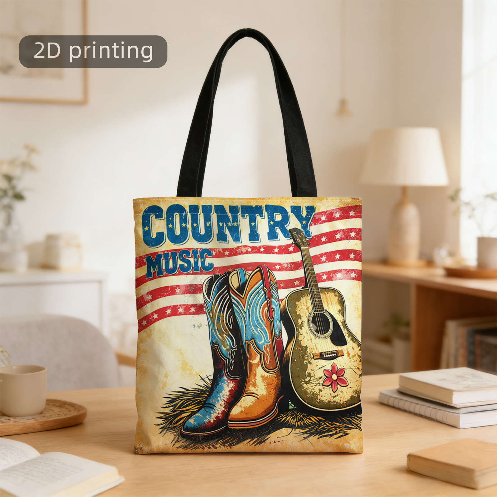 TEMU 2d Printed Tote Bag, Boots, Guitar, Cowboy, Usa, Country Music, Reusable, Stylish Shoulder Bag, Tote Bag, Shopping Bag, Suitable For Shopping,
