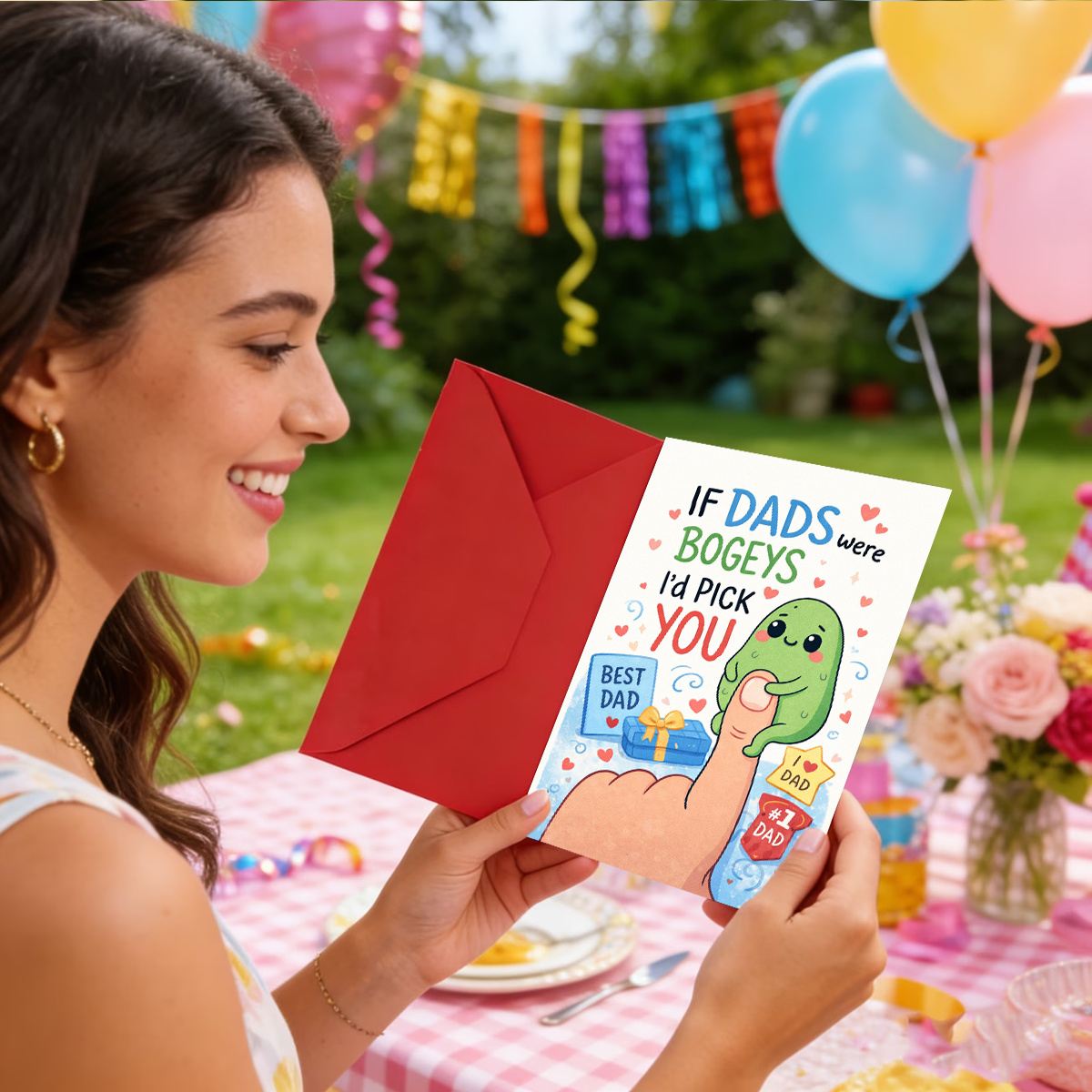TEMU 1pc Funny Father' Day Card, "if Dads Bogeys I' Pick You," Cute Green Booger On A Thumb With Hearts, Badges, And Gifts, Perfect For Dad, Cartoon