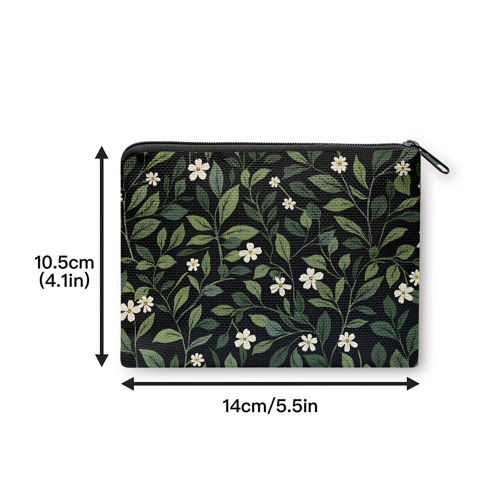 TEMU Coin Purse, White Flowers And Green Leaves Coin Purse, Zipper Closure, Small Portable Key Earphone Storage Bag, Handy Card Holder, Lightweight,