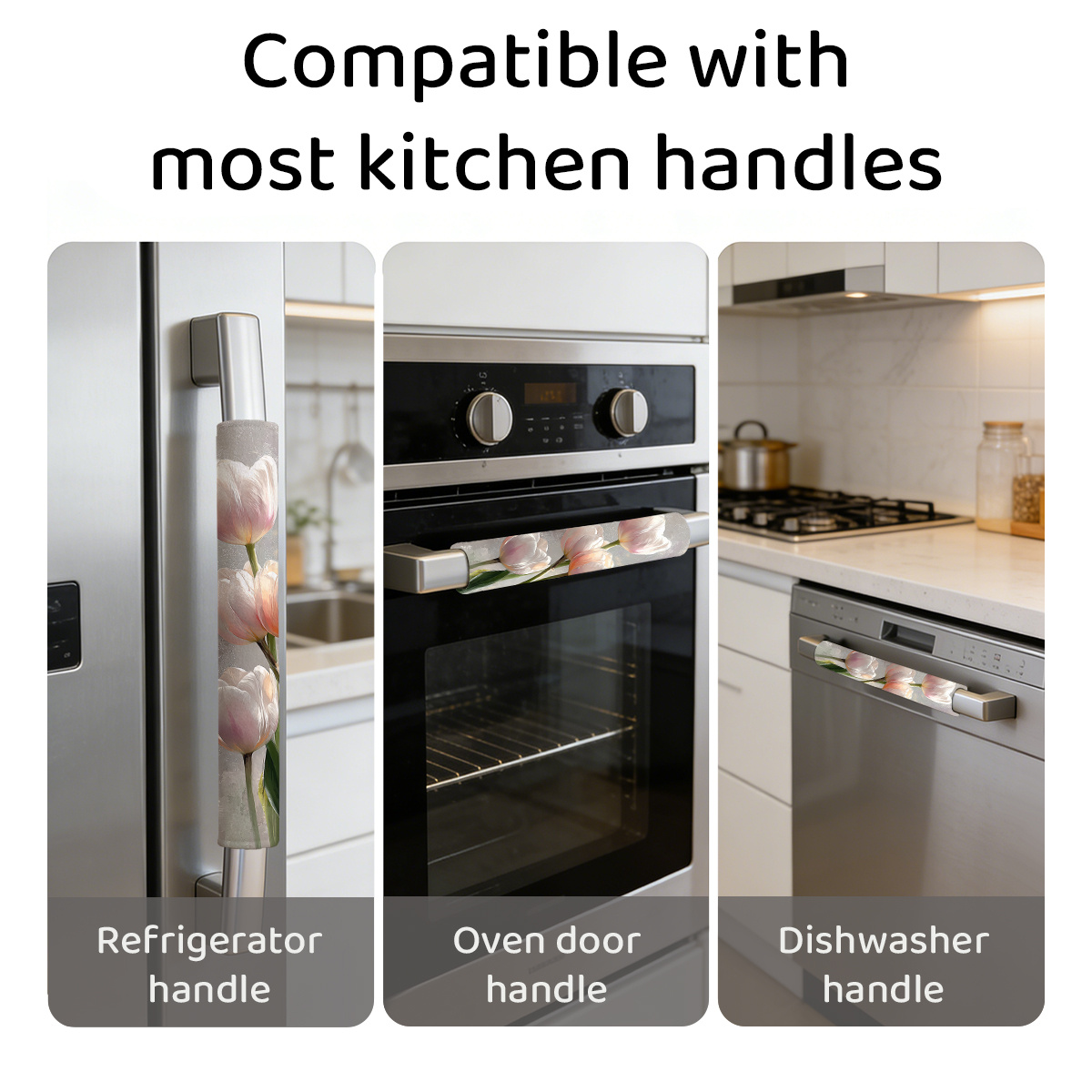 Tranquil Tulip Pattern 3pcs Refrigerator Handle Cover, Spring Mother'S Day Fabric Home Decor, Refrigerator, Microwave, Dishwasher Handle Cover
