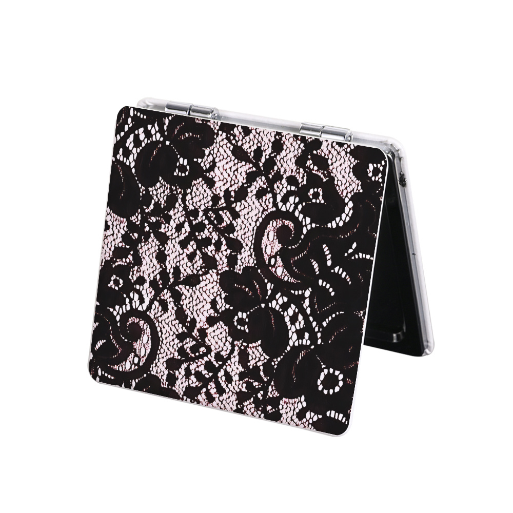 TEMU 1pc 1pcs Suitable For Women's Portable Folding Mirror - Pocket-sized Compact Mirror With Elegant Black Lace Design, Makeup Mirror For Purse,