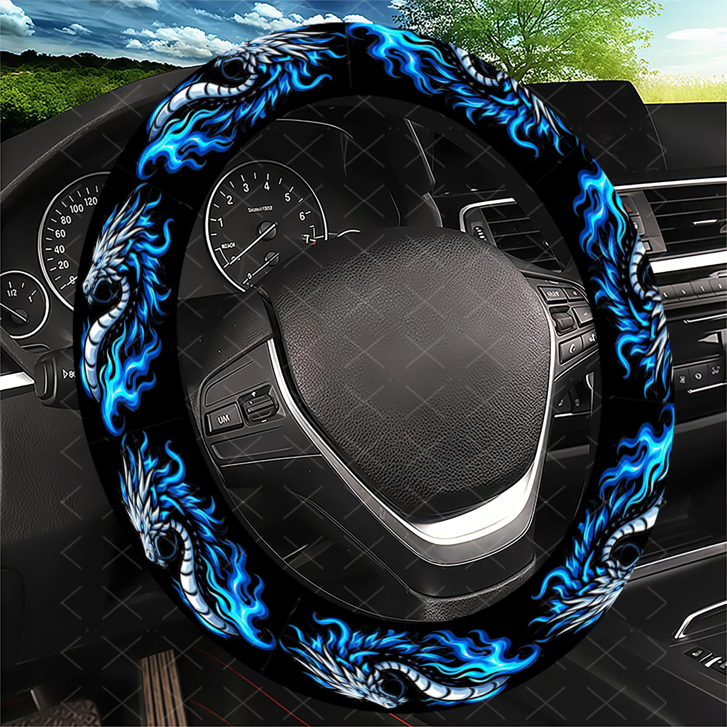 TEMU Dragon-themed Steering Wheel Cover, Blue-flame Element, Soft Comfortable Touch, Non-slip , No Design, Car Interior Decor Additions-fits Most