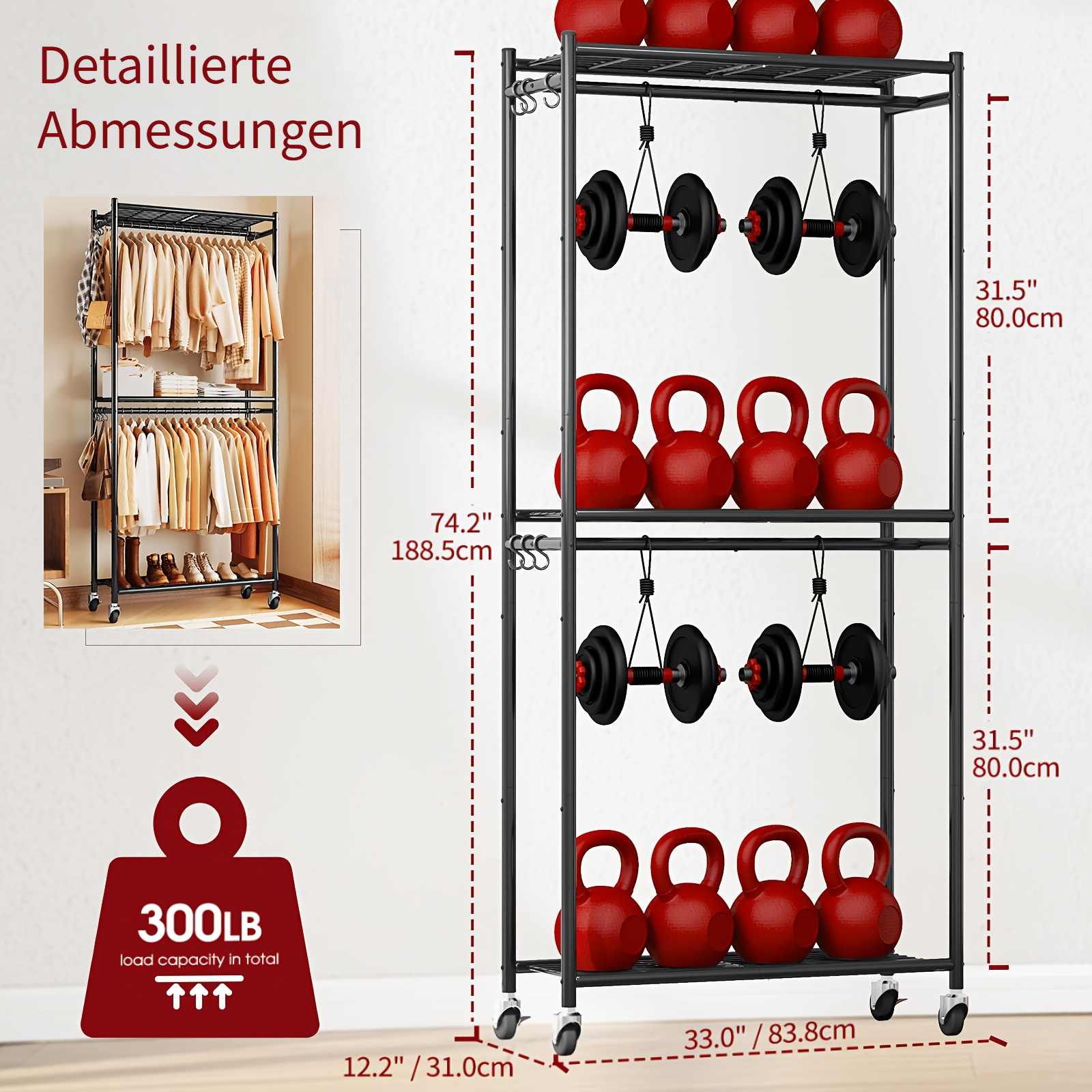 Mobile Clothes Rack With Wheels, Height Adjustable, 83.8x31x188.5cm, With Shelf & Hooks, Space- For Bedroom, Living Room, Hallway, Laundry Room, Office & Dressing Room (black)
