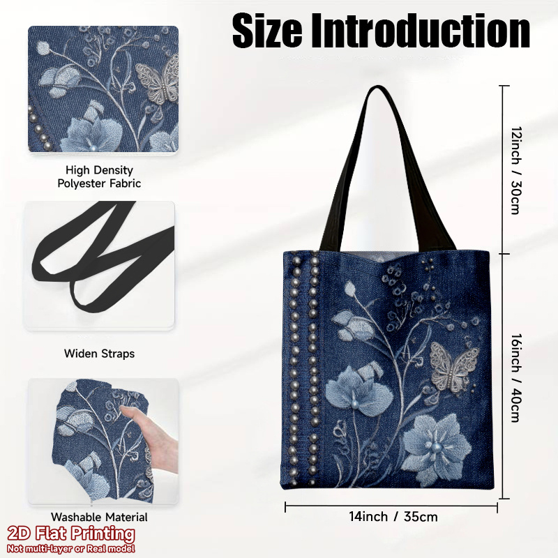TEMU 1pc Elegant And Stylish Handbag, Reusable, Multi-functional, Large-capacity Shoulder Bag, And Leaves On Denim Pattern, Durable Polyester