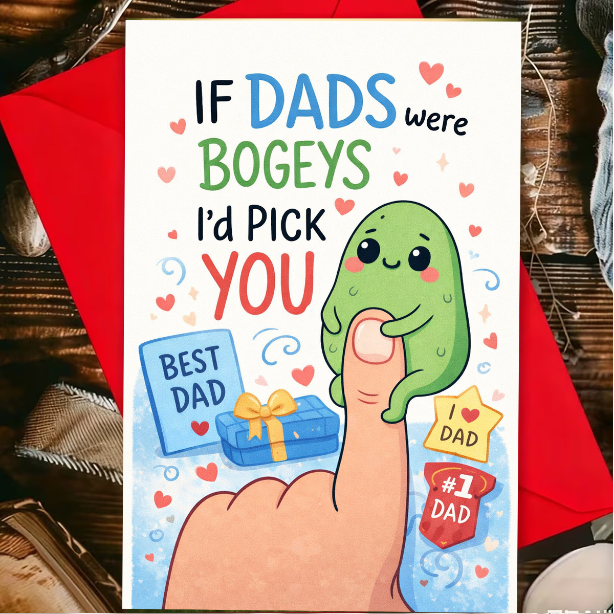 1pc funny father day card if dads       you cute green booger on a thumb with hearts badges and gifts   dad cartoon style with text and illustrations
