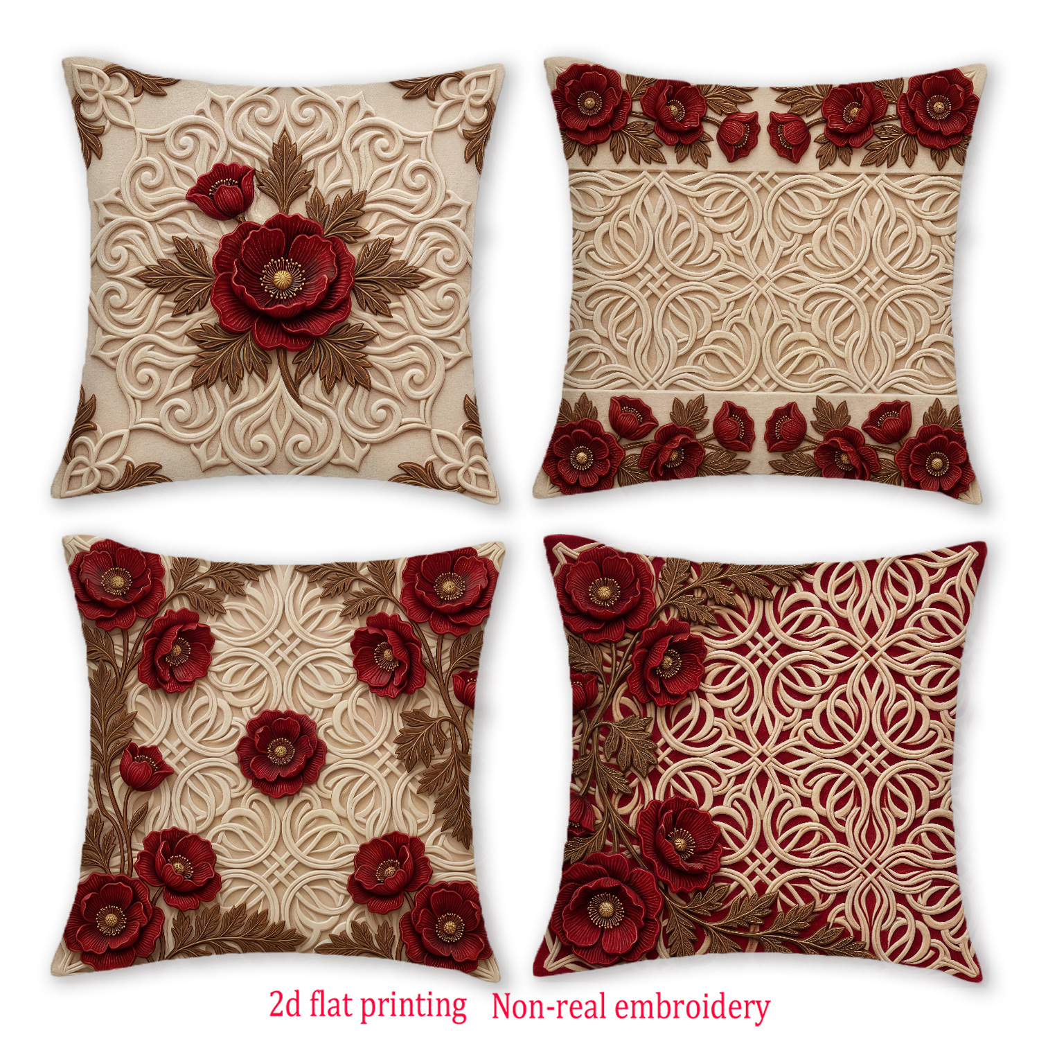 TEMU [jit]4pcs, Floral Throw Pillow Covers, 2d Flat Print Non-real Embroidery Flower Cushion Covers, 18x18in, All - Decorative Pillowcases, For