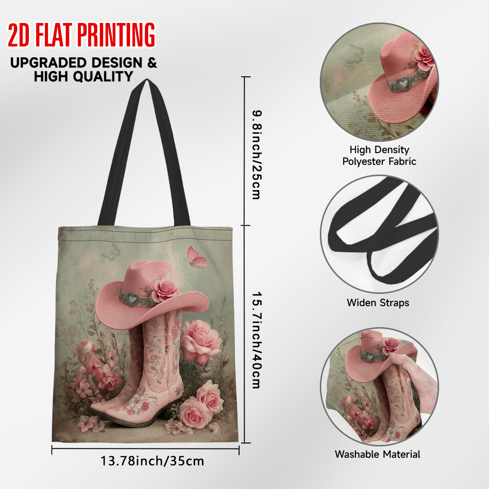 TEMU 2d Flat Printing, 1pc Pink Cowgirl Hat And Boots Pattern Printed Tote Bag, Shopping Bag For Women, Large Capacity, Lightweight, Versatile For