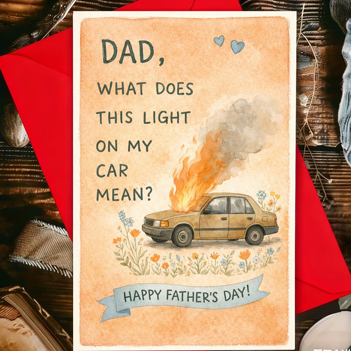 TEMU 1pc Humorous Father's Day Card, "dad, What Does This Light Mean On My Car? Happy Father's Day, " Watercolor Car Body, Engine With Flames And