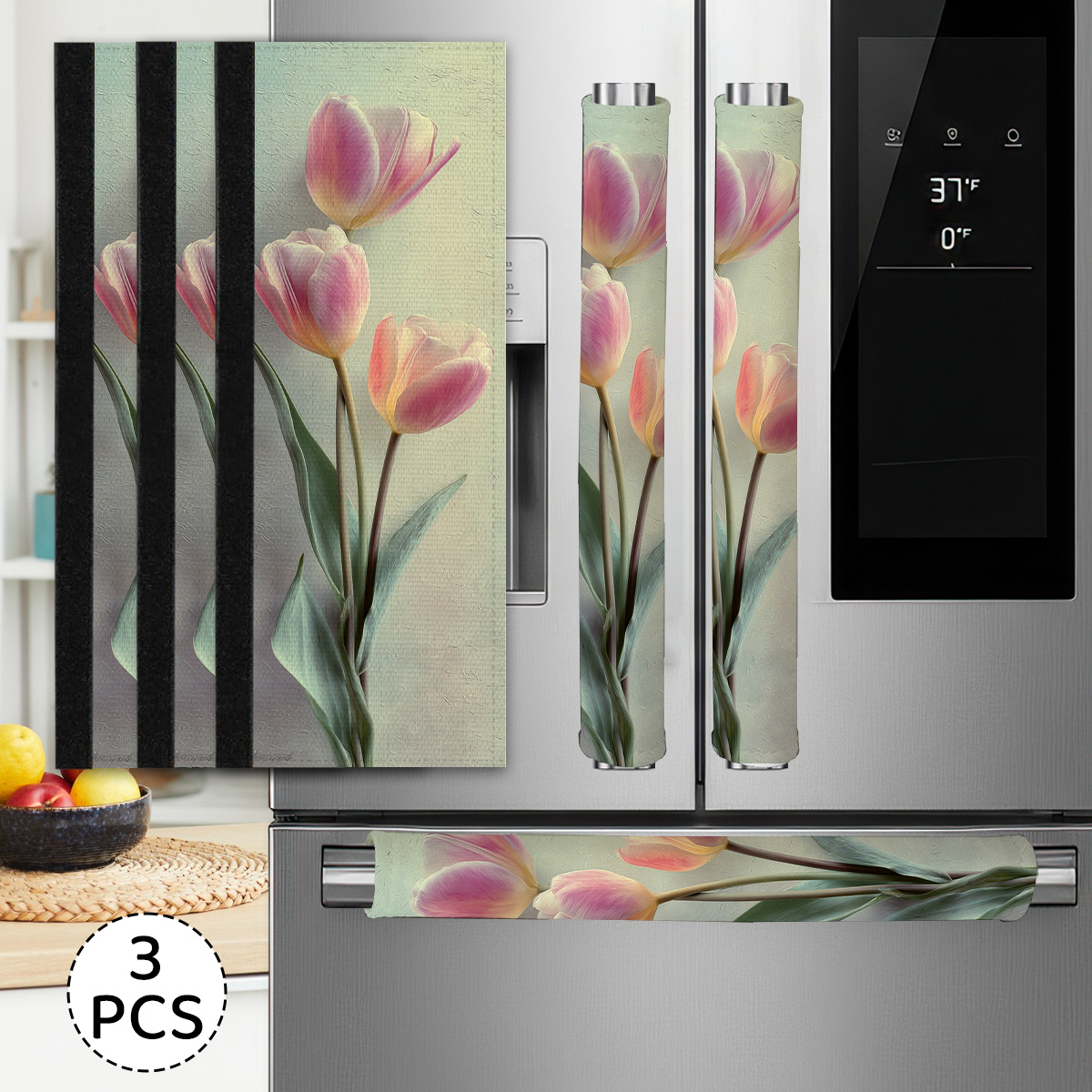 TEMU Housses de poignée de réfrigérateur à motif de tulipes de style peinture à l'huile, lot de 3 pièces pour décoration de cuisine, maintient la