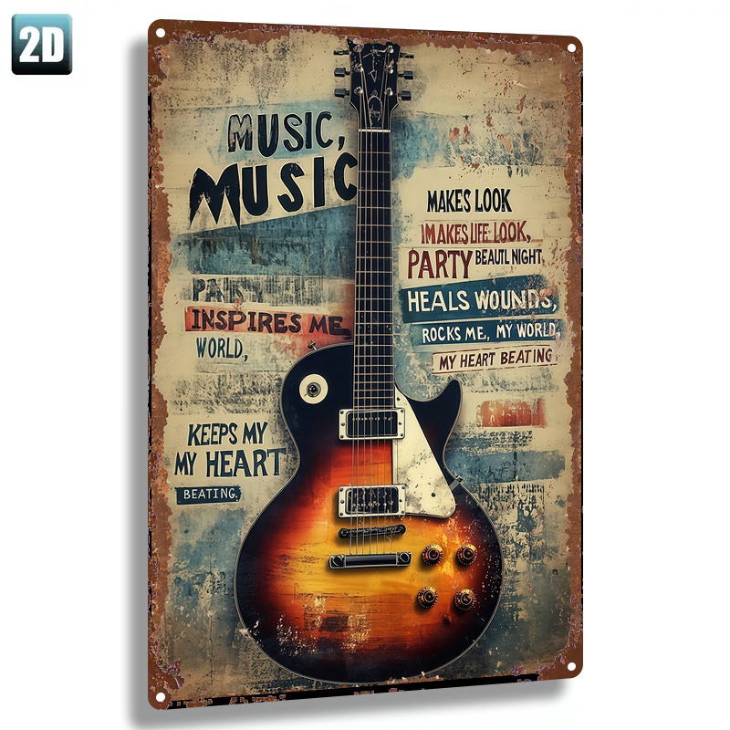 TEMU 2d Flat, 1pc Metal Sign,2d Flat,"vintage Music Guitar ". A Home Decor Item, Perfect For Wall Decoration And Living Room Embellishment