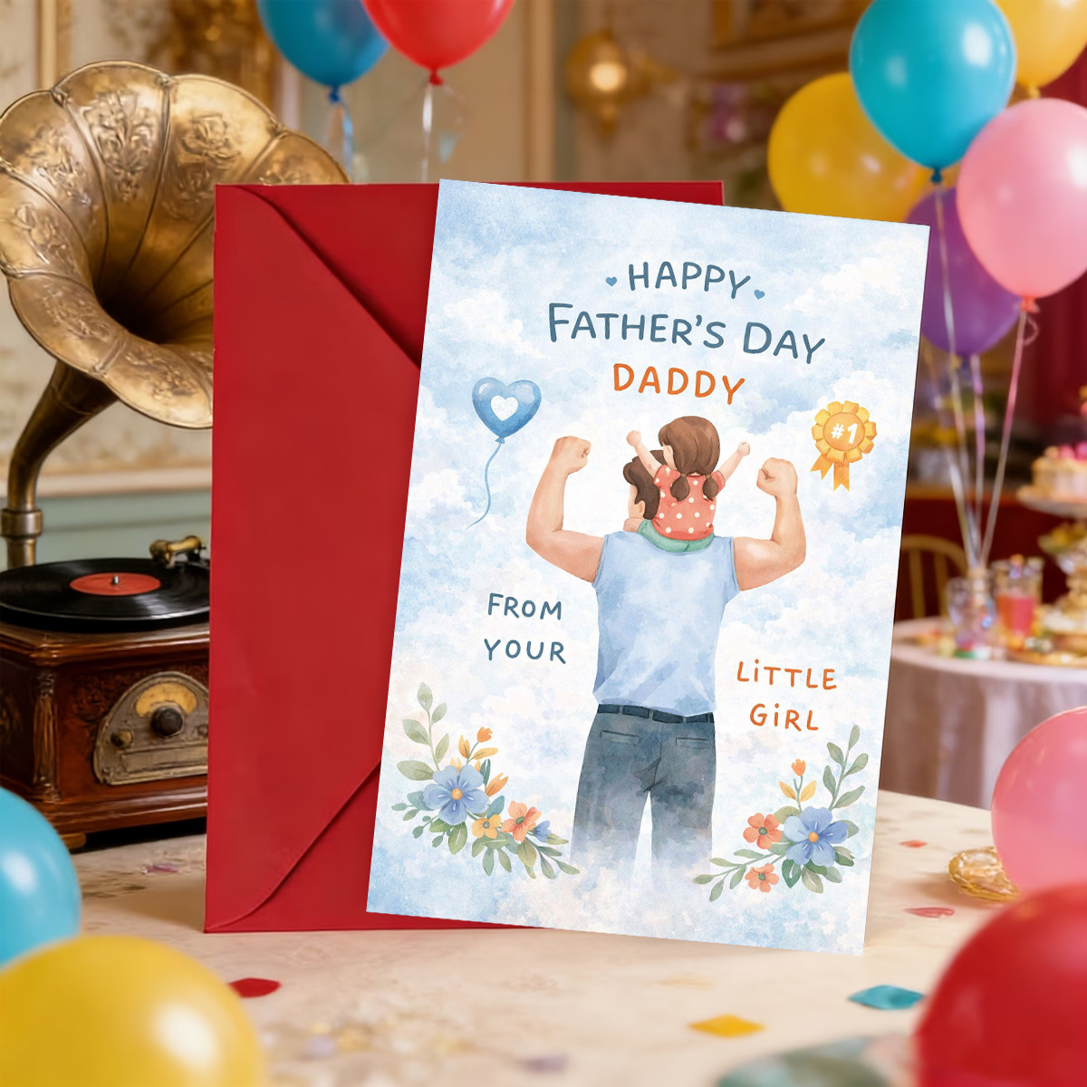 TEMU 1pc For Daddy Fathers Day Greeting Card, Text Says Happy Fathers Day Daddy From Your Little Girl, Watercolor Dad Carrying Daughter With Flowers