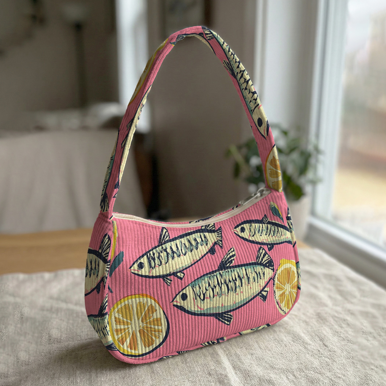 TEMU Fish And Lemon Pattern 2d Print Non-collision Shoulder Bag, Soft Corduroy And Portable Size | Single Shoulder/underarm Dual Use | Music