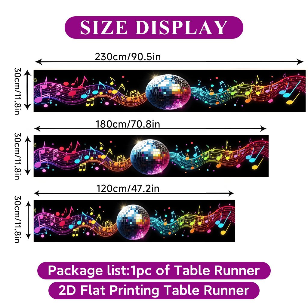 TEMU 2d Flat Printing Table Runner 1pc, Notes Flow With Disco Ball Table Cover, Rectangular Table Runner From Polyester, Dining Table Decoration For