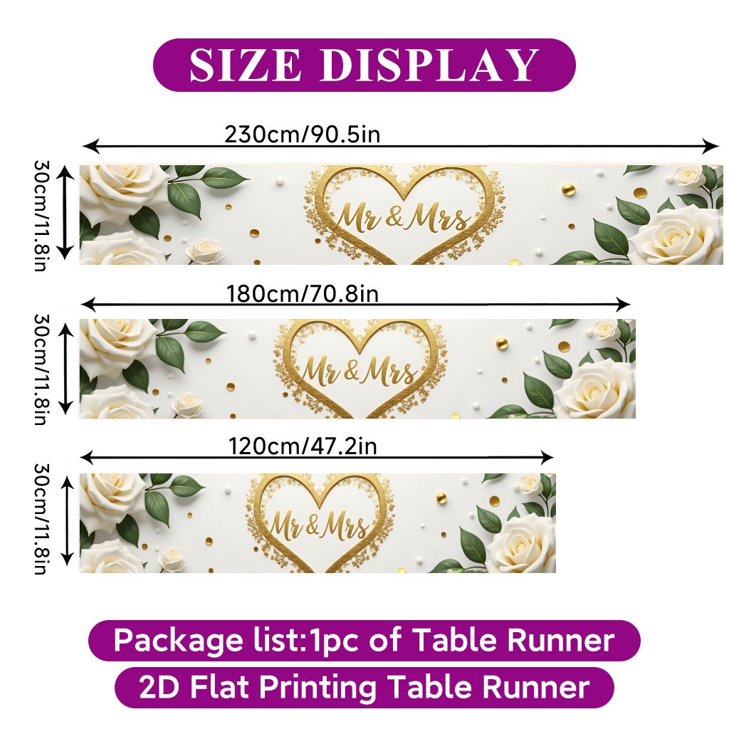 TEMU 1pc Roses Table Runner With Lettering & - Elegant Rectangular Polyester Table Cover Suitable For Indoor/outdoor Wedding, Anniversary, Valentine'