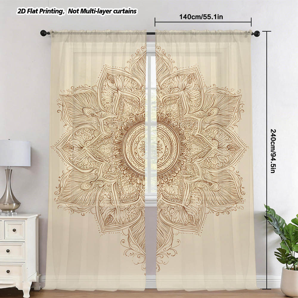 TEMU Rideaux de Fenêtre Mandala Moderne 2D Plats, Lot de 2 Panneaux pour Salon, Panneaux Semi-Transparents à Passe-Tringle avec Imprimé Floral