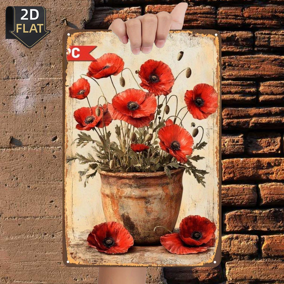 TEMU Plat 2D, 1 pièce, "Coquelicots rouges vifs dans un pot rustique", panneau en métal étain, taille (8"x12"/20cm*30cm), peintures