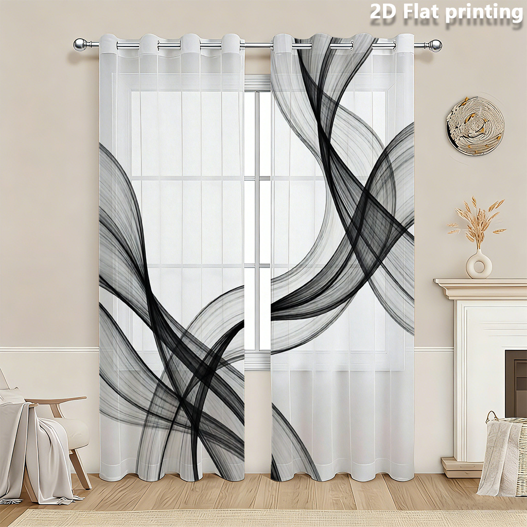 TEMU 2d Flat, 2pcs Sheer Curtains Grommet Window Panels - Modern Minimalist Black & White Line Suitable For Living Room, Bedroom, Kitchen, Patio -