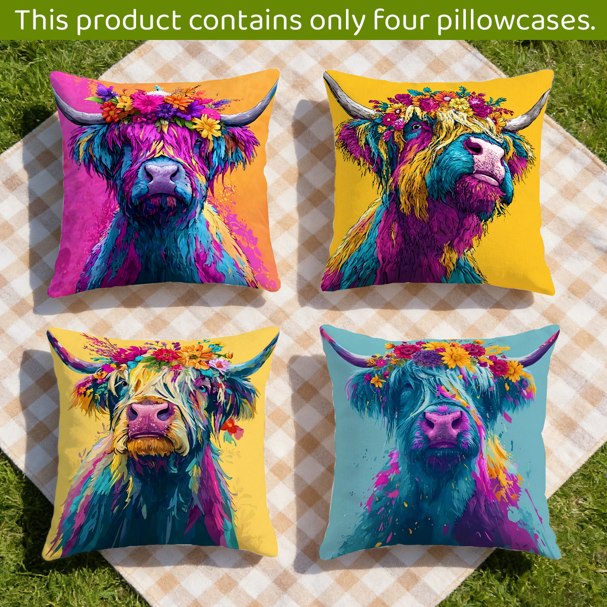 TEMU 4pcs Colorful Highland Cow With Flower Crown Pillowcases (4 Designs) Modern Double Sided Print, Zip Closure, Hand Washable Polyester For Living