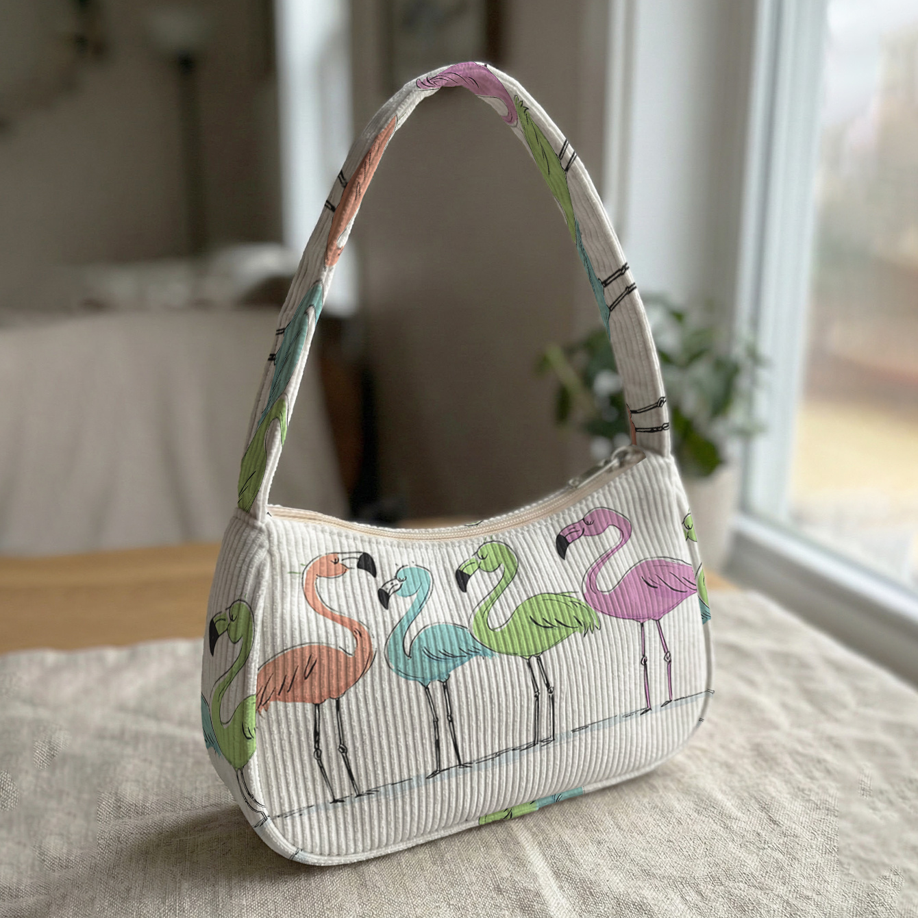 TEMU Colorful Flamingo Pattern 2d Print Unique Shoulder Bag, Soft Corduroy + Portable Size | Shoulder/underarm Dual-use | Music Festival/outing/daily
