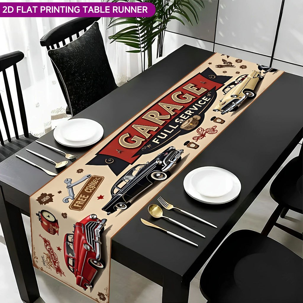 TEMU 1pc 2d Runner, Vintage Car And Auto Repair Service Table Cover, Polyester Rectangular Table Runner, Dining Table Decoration, Suitable For Indoor
