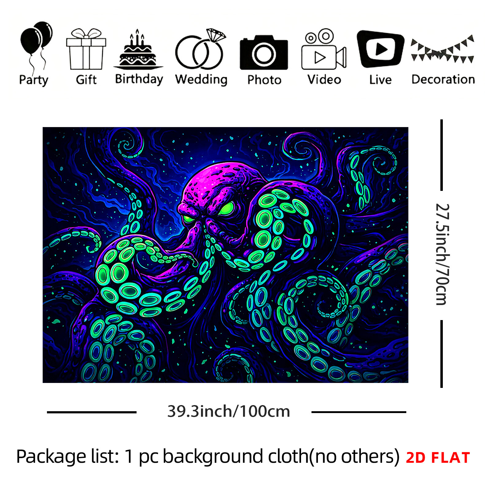 TEMU 2d Flat - 2d Flat - [2d Plane Printing] Large Size/small Size Pattern Printed Tapestry - Neon, Octopus, , Glowing, Psychedelic, Room Wall